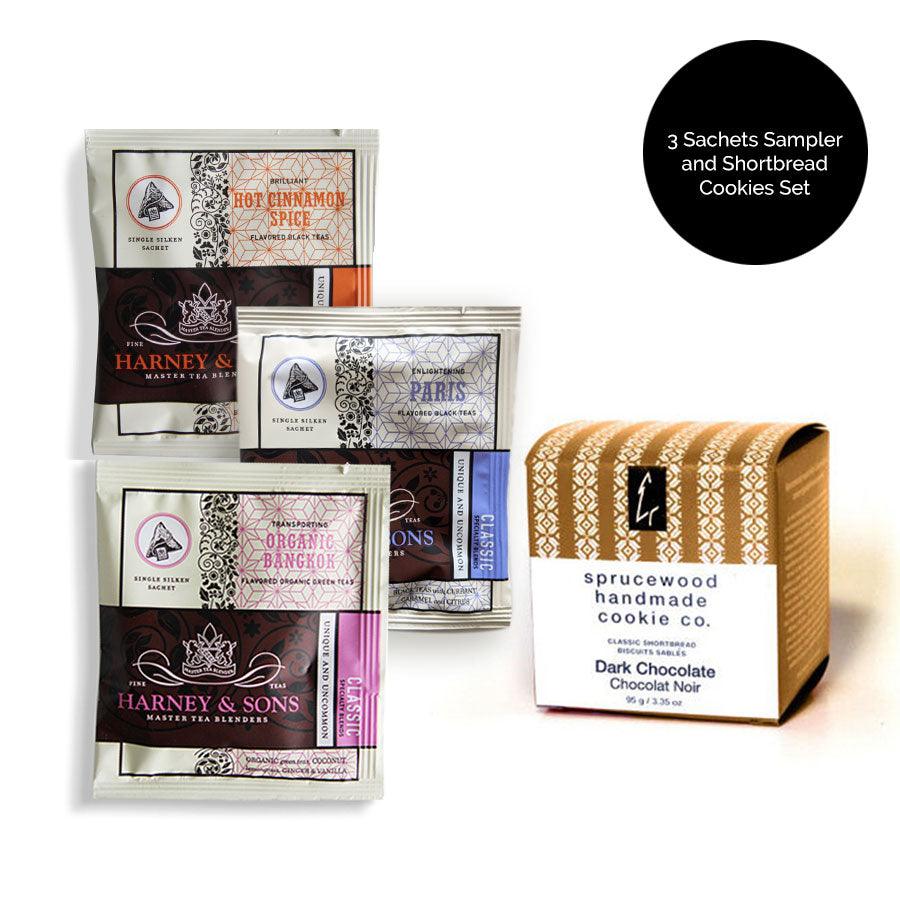3 Tea Sachets Sampler and Belgium Dark Chocolate Shortbread Cookies Se