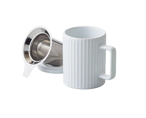 White Ribbed Ceramic Tea Mug with Infuser and Lid (443 ml) - Premium Teas Canada
