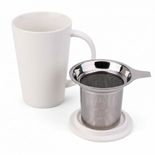 Load image into Gallery viewer, White mug with a metal tea infuser on a white background