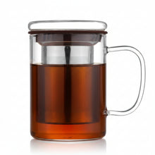 Load image into Gallery viewer, Clear glass mug with metal filter with brown silicone  rim, and a glass lid on a white background
