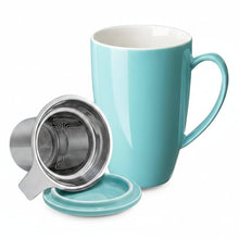 Load image into Gallery viewer, Light blue colour mug with a metal tea infuser and lid on a white background
