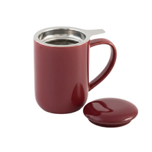 Load image into Gallery viewer, Red mug with metal infuser and matching lid on a white background
