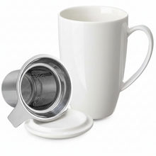 Load image into Gallery viewer, White mug with a metal tea infuser and a lid.
