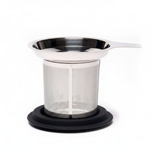 Load image into Gallery viewer, Stainless steel tea infuser with black base on a white background
