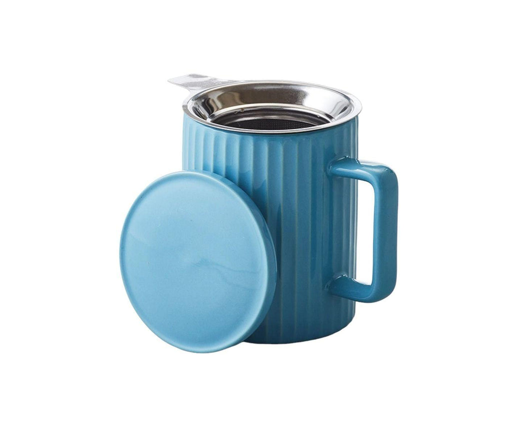 Blue Ribbed Ceramic Tea Mug with Infuser and Lid (443 ml) - Premium Teas Canada