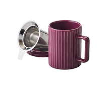 Load image into Gallery viewer, Light Bordeaux Ribbed Ceramic Tea Mug with Infuser and Lid (443 ml) - Premium Teas Canada
