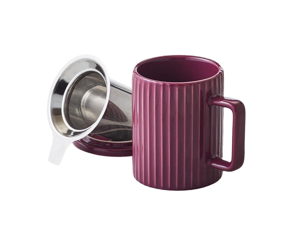 Light Bordeaux Ribbed Ceramic Tea Mug with Infuser and Lid (443 ml) - Premium Teas Canada